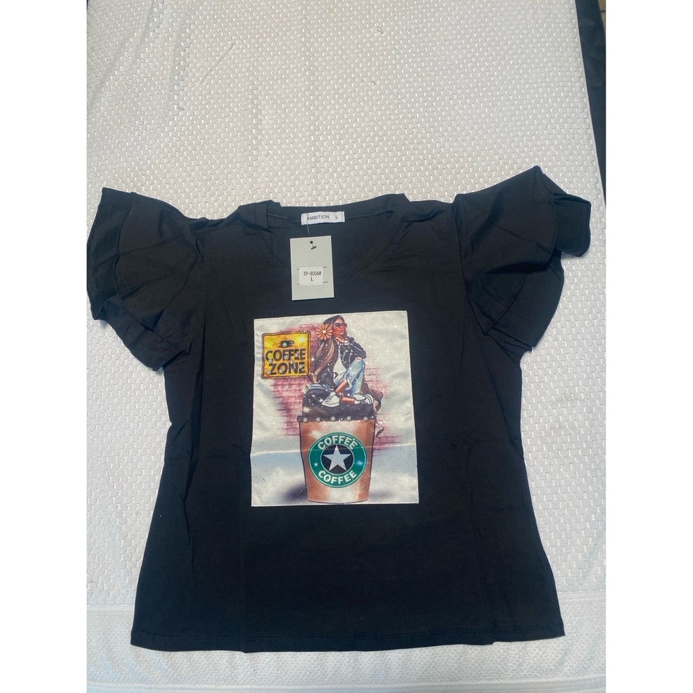 Women's Black Graphic Tee With Coffee Moto print